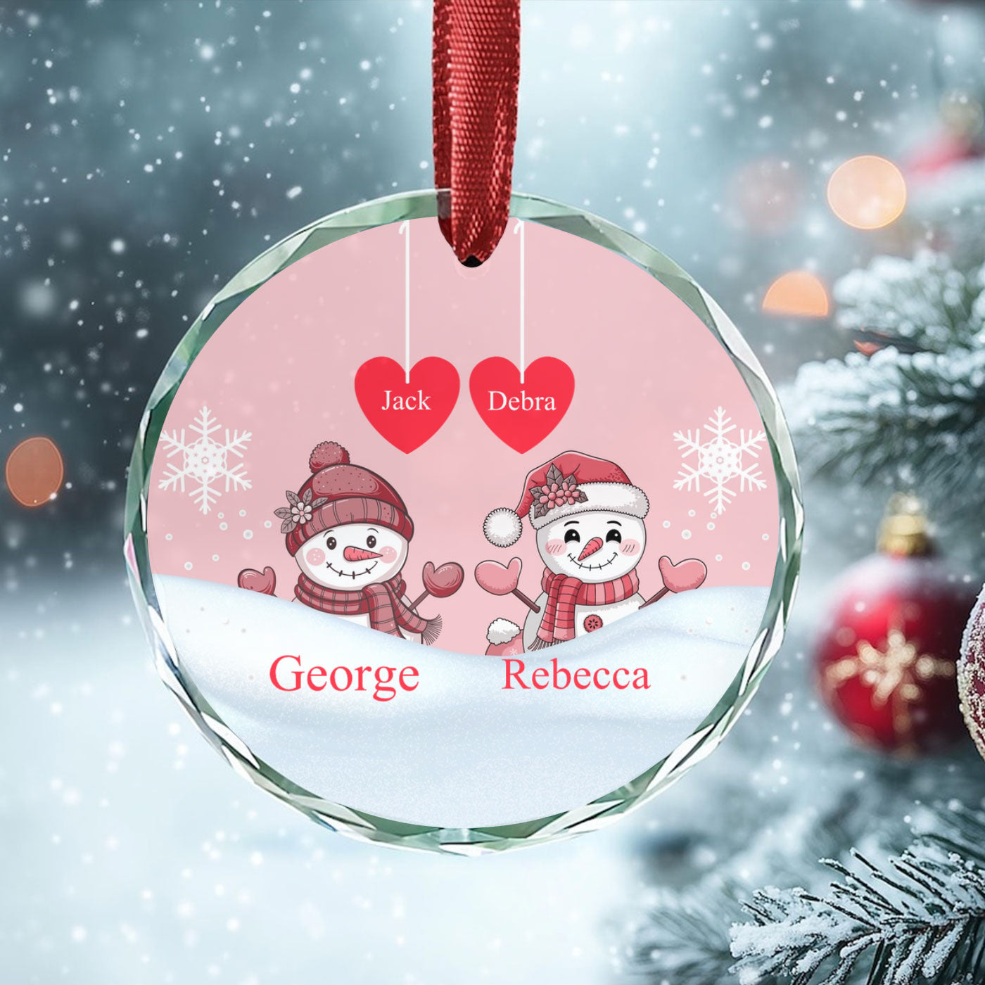 Personalized Christmas Snowman Glass Ornament – Custom Family Names for Festive Elegance